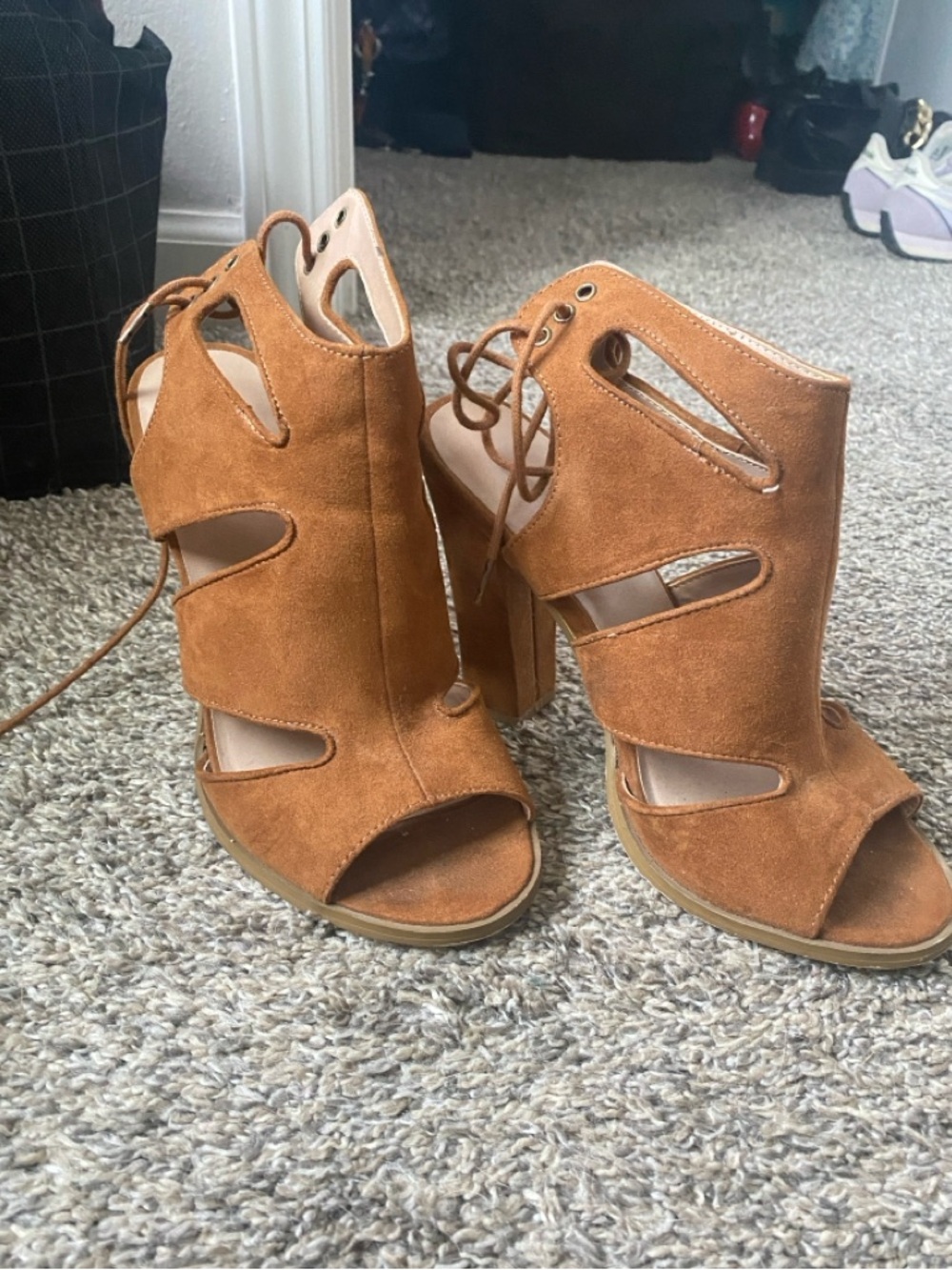 Mix No. 6 Cognac Suede Lace-Up Cutout Block Heel Sandals